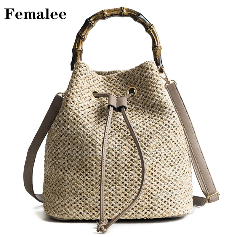 

FEMALEE Bamboo Handle Summer Straw Bag Shoulder Knitted Handbags Draw String Concise Woven Totes 2018 Ladies Crossbody Bags