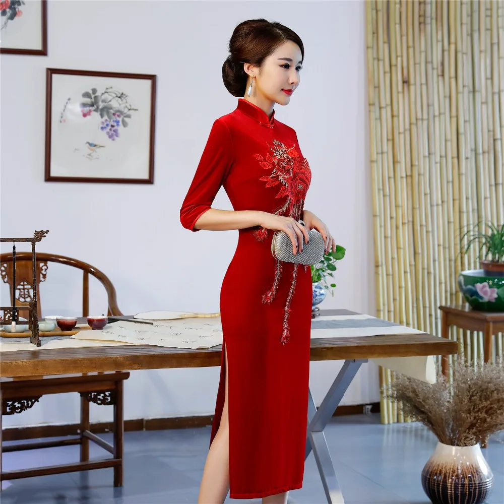Шанхай история Oriental китайское платье Стиль платье длинные бархатные Cheongsam цветок вышивка Qipao Китайский женское платье