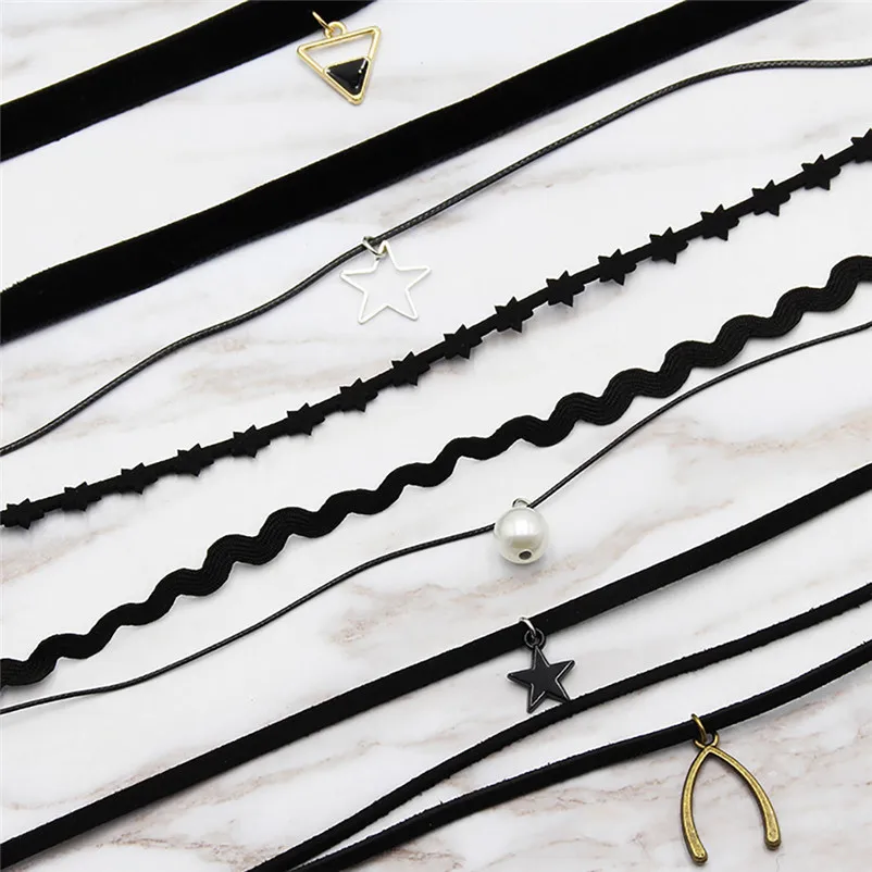NEW Fashion 6 Pieces chokers necklaces Set Stretch Velvet Classic Gothic Lace Party Jewelry Neck accessories Collar A08#N (6)