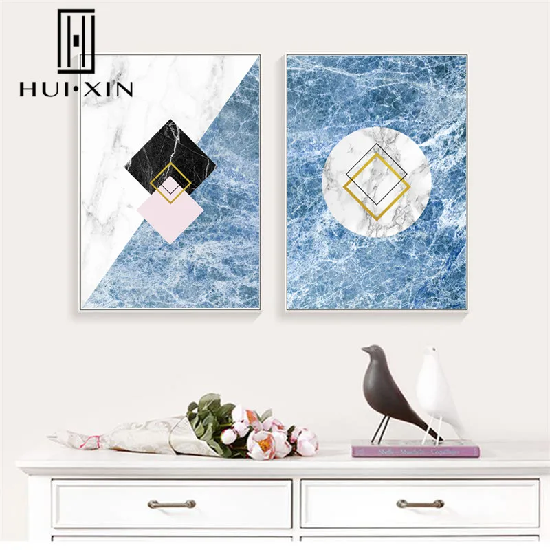 Geometric Simple Colorful Rhombus Patterns White Land Blue Sea Wave Nordic Modern Wall Prints Canvas Poster Room Decor Paintings