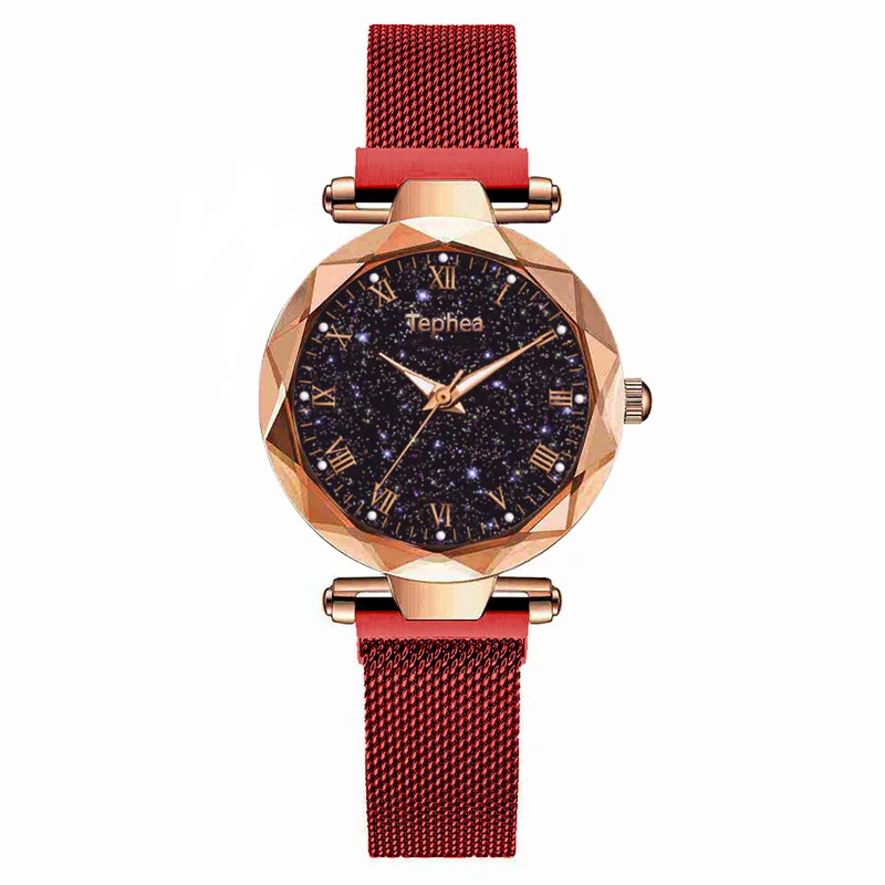 Роскошные Светящиеся женские наручные часы, звездное небо, женское платье, магнитные часы в подарок, Звездные часы, relogio feminino reloj mujer - Цвет: red gold
