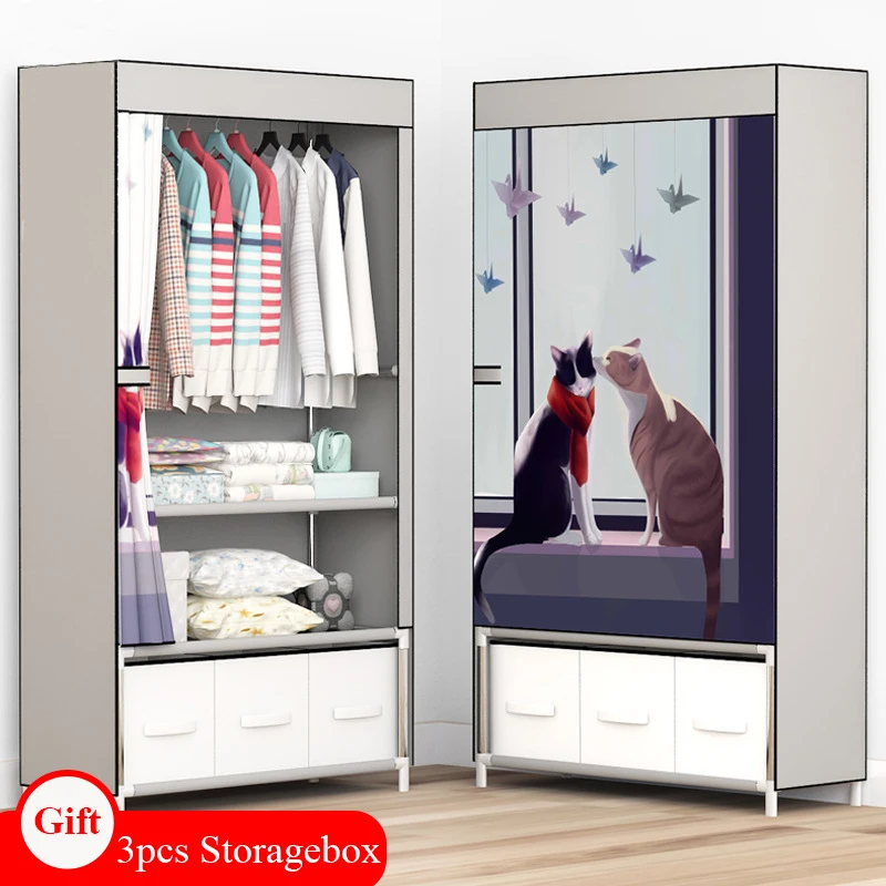 

Simple Wardrobe Closet with Drawer Portable Folding Curtain Clothing Closet Reinforced Frame Modern Minimalist Bedroom Furniture