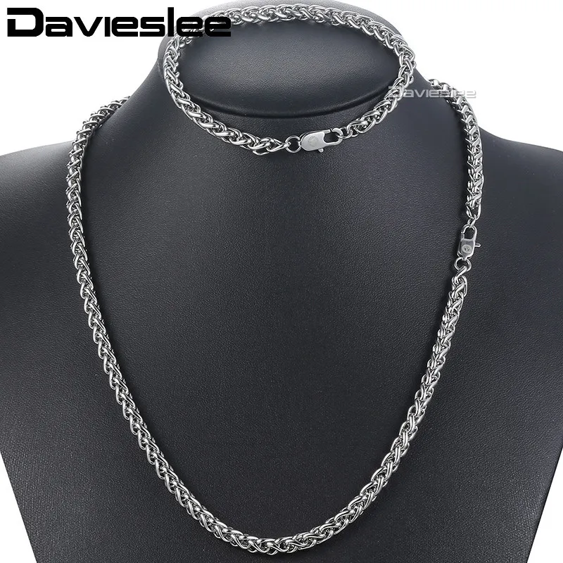 

Davieslee Braided Wheat Link Necklace Bracelet Jewelry Set for Men Chain Stainless Steel Silver Tone 3-10mm DKSM04