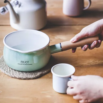 

Japanese pattern wood single handle milk soup pot porcelain enamel cooking thickening small stewpot instant sauces frying pan