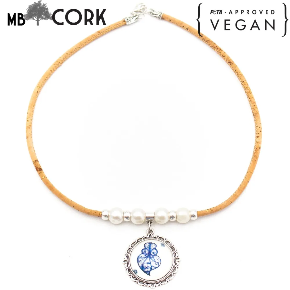

Natural cork with blue cork traditional ceramic tile blue color pattern handmade cork necklace N-181