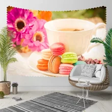 Else Pink Flowers Cup of Tea Yellow Brown Macaroon 3D Print Decorative Hippi Bohemian Wall Hanging Landscape Tapestry Wall Art