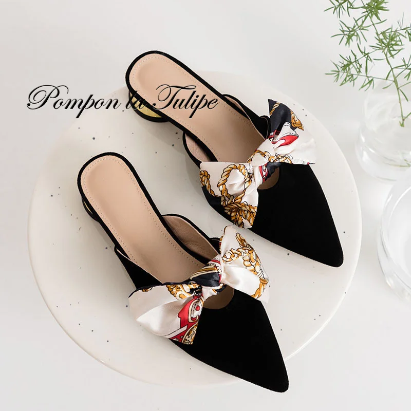 

BHS 901122 Chic Pointed Toe 2.5CM Heels Pumps Mules Ribbon Genuine Leather Sandals Sheepskin Fashion Women Shoes Party Wedding