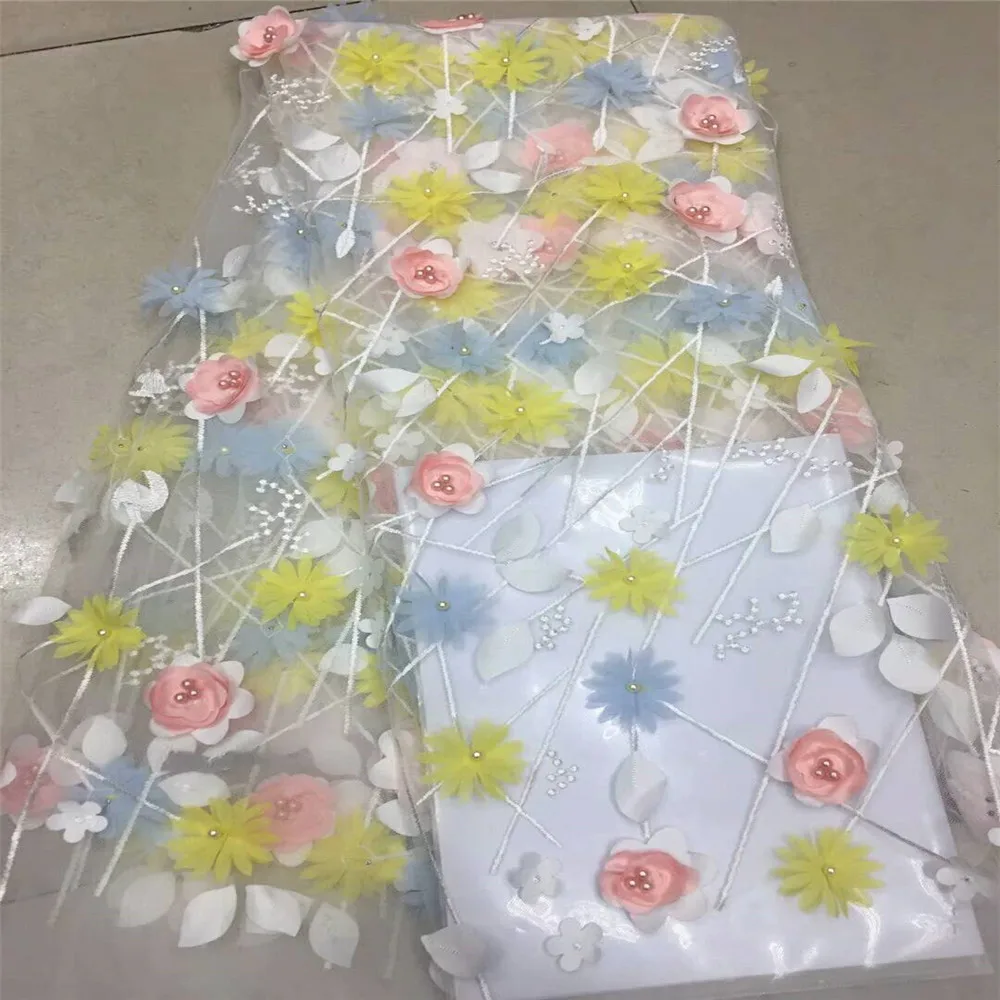 

Latest African Beaded Laces Multi Color French Net Lace Dubai 3d Flower Embroidered Tulle Fabric For Party Dress X641-1