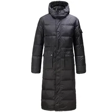 Удлиненное пальто с капюшоном из 90% утиного пуха, мужская повседневная черная верхняя одежда, пуховики, мужское толстое пуховое пальто, модная пуховая куртка, JK-784