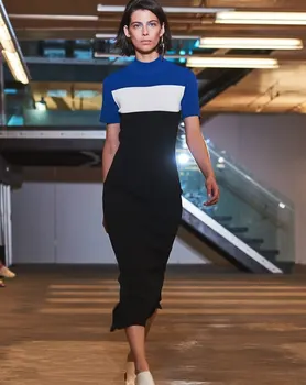 

New Arrival Women Knitted Cotton Dress Colorblock Bodycon Short Sleeve Dresses