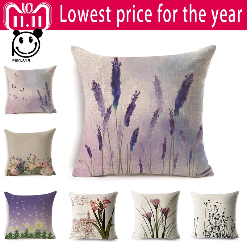 

PEIYUAN Cushion Cover Printed Plant Purple Lavender Multicolor Rose Butterfly Flowers Linen Pillowcase Home Decor 18''x18''