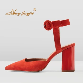 

Red Shade Soft Suede Leather High Chunky Heel Sandals Woman Ankle Buckle Strap Pointy Closed Toe Large Size 12 13 Party Fashion