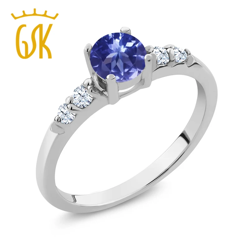 0.63 ct Круглый голубой танзанит белый создан сапфир кольцо стерлингового серебра