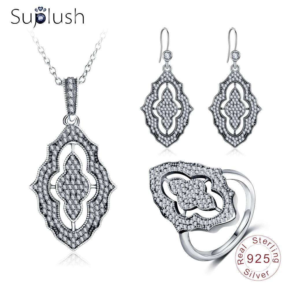

Suplush New 100% 925 Sterling Silver Sparkling Lace Shining Necklace/Earrings/Ring Fine Jewelry Sets For Women 7-PSST0004-B