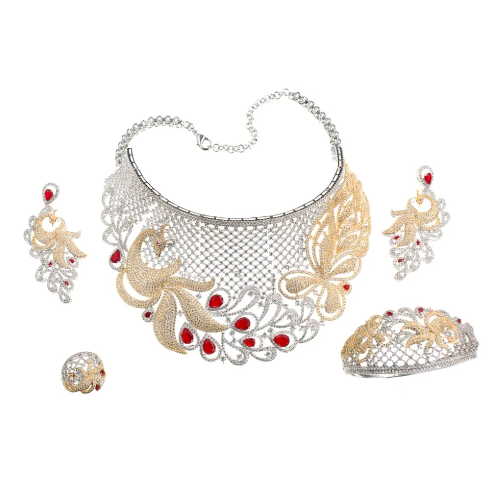 

Gorgeous Crystals CZ Zircon Big Peacock Necklace Choker Earring Ring Bracelet 4 Set Bridal Wedding Women Jewelry Sets N7291D