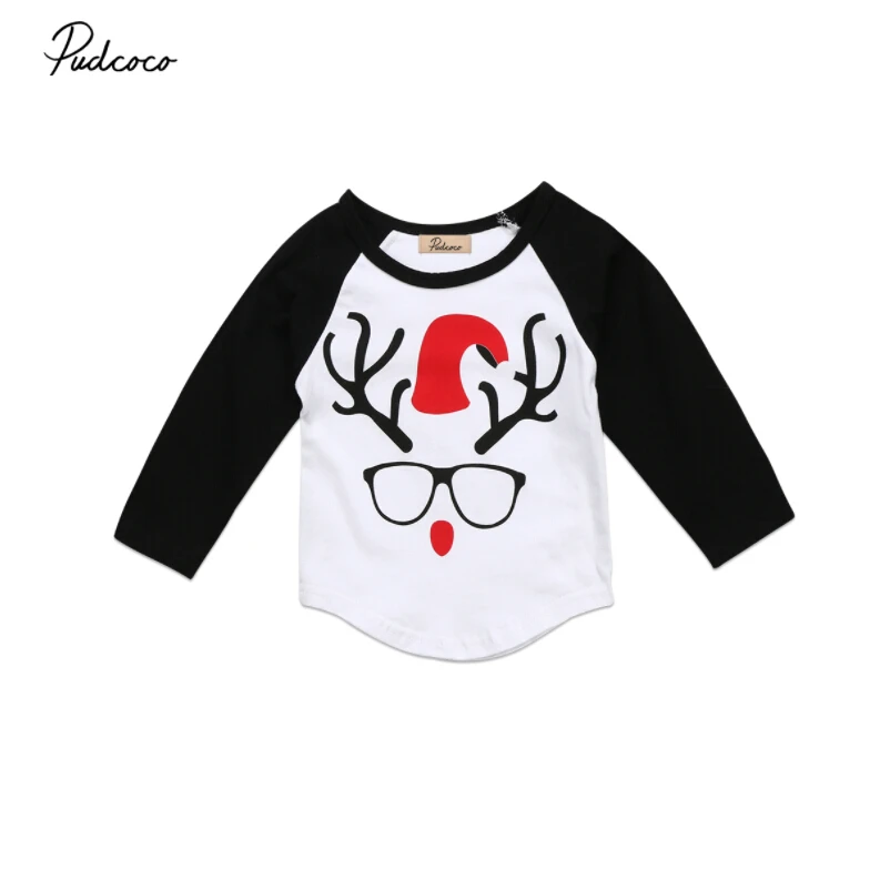 Милая Рождественская футболка для новорожденных мальчиков и девочек хлопковая одежда с изображением оленя и очков рождественские футболки с длинными рукавами черного цвета для От 0 до 2 лет
