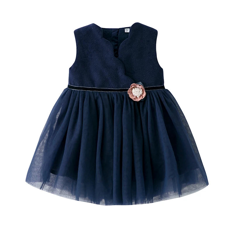 Baby Girls' Winter Autumn Thicken Woolen Dresses Flowers Toddler's Sleeveless Dress Navy Casual Girls Winter Dress