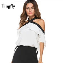 Tingfly Bow Tie Halter Top Women White Contrast Sexy Backless Casual Shirts Tops 2017 New Fashion Elegant Summer Blouse