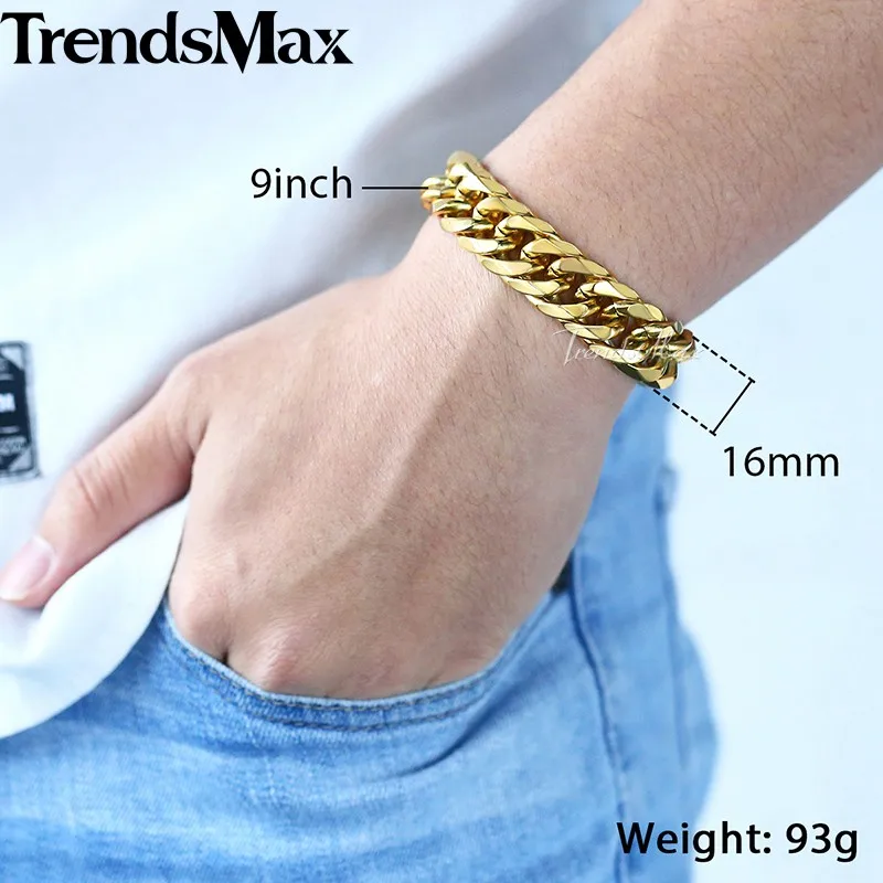 Trendsmax, хип-хоп, Iced Out, проложенные Стразы, кубинская цепочка, мужское ожерелье, браслет из нержавеющей стали 316L, золото, серебро, 16 мм, KHSM04