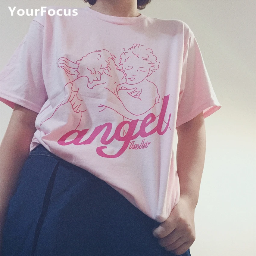 

Summer sweet girl cute kawaii lolita pink baby angel print tshirt loose cotton tee women