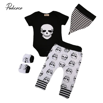 

Pudcoco 4PCS Newborn Suit Infant Baby Boy Girl Skull Print Pant Toddler Kids Romper Striped Jumpsuit Cute Hat Baby Outfits