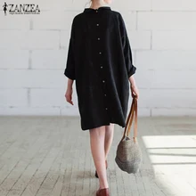 ZANZEA женское платье 2018 Осенняя мода Винтаж Повседневное свободные Платья из хлопка с длинным рукавом по колено Vestidos плюс Размеры