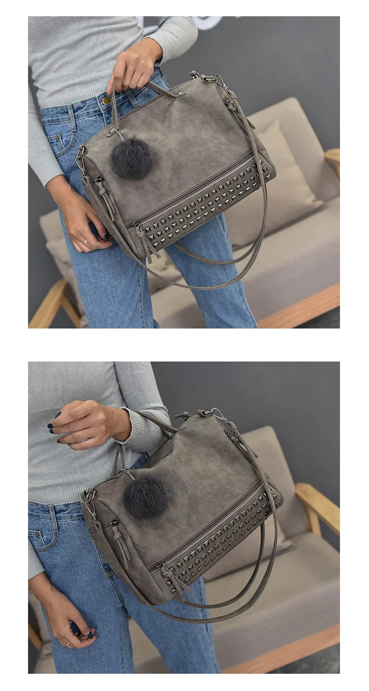 MJ Brand Design Women Handbag Fashion Suede Leather Top-Handle Bags Hair Ball Rivets Shoulder Bag Large Motorcycle Messenger Bag (13)
