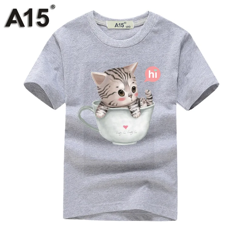 Забавные футболки, футболка с короткими рукавами и 3D принтом кота для подростков, детская одежда для мальчиков, лето, детские топы для девочек 6, 8, 10, 12, 14 лет, A15 - Цвет: T0129Gray