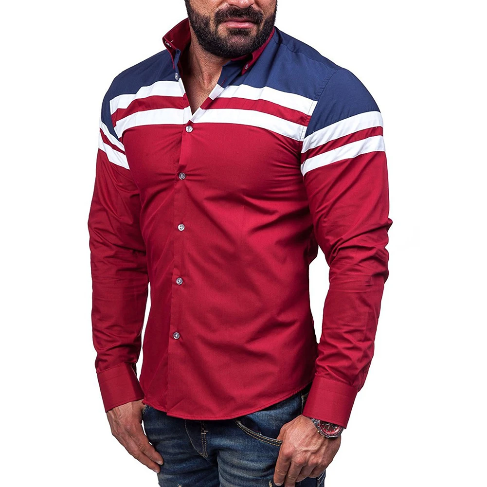 Turn Down Collar Striped Long Sleeve Shirt Color Block Casual Men Slim Fit Top | Мужская одежда