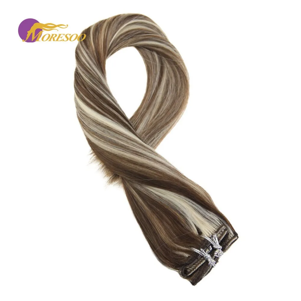 

Moresoo Clip in Hair Extensions 100% Real Remy Full Head Highlight Color Brown #9A Mixes with Platinum Blonde #60 7Pcs/100G