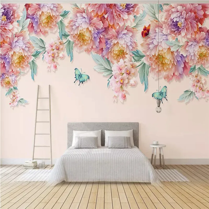 

Hand painted small fresh rose butterfly TV background wall custom large wallpaper mural 3D photo wall manufacturers wholesale