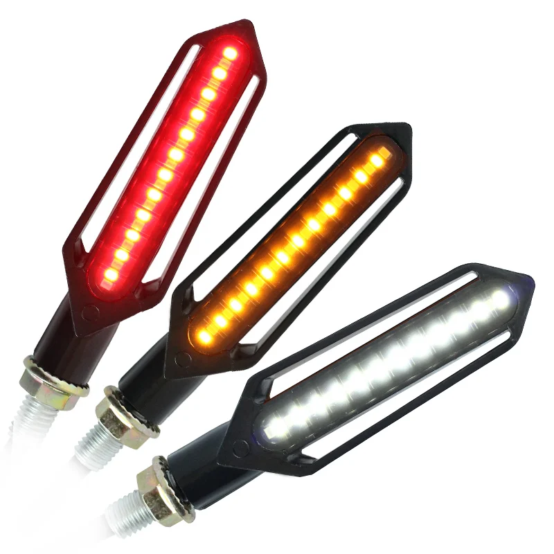 

2PCS LED Motorcycle Turn Signal Three-use Flowing Water Light Red Brake Lamp White DRL Indicators Blinkers Flicker for Harley