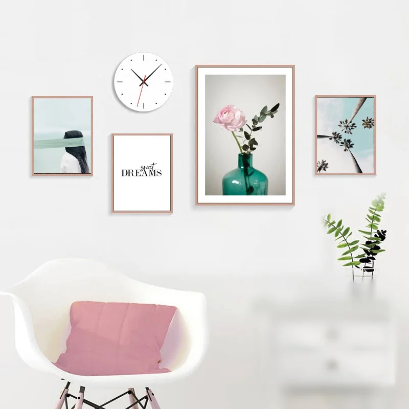 

Nordic Poster Wall Art Canvas Painting Posters And Prints Blue Wall Pictures For Living Room Pink Flowers Coconut Tree Unframed