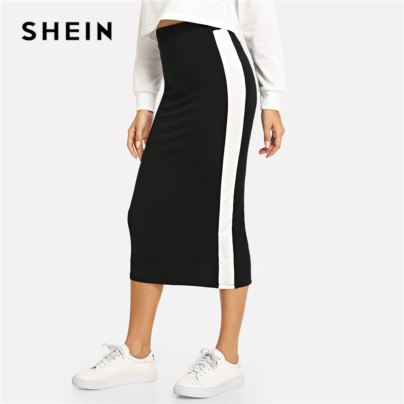 

SHEIN Colorblock Contrast Sideseam Split Back Pencil 2018 Elegant Mid Waist Skirt Women Autumn Streetwear Modern Lady Skirts