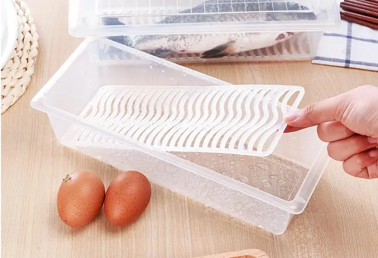 

Fridge Food Storage Box Crisper Can Preservation Box Meat Vegetable Fruit Organizer with Colander to Drain Kitchen Tools