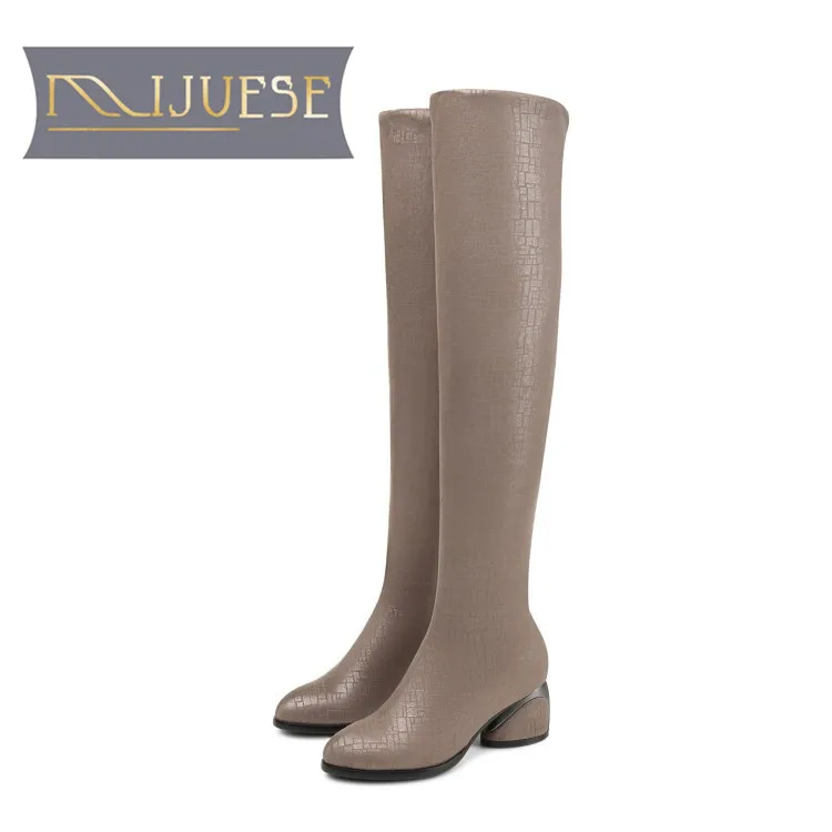 

MLJUESE 2019 women over the knee winter short plush checkered khaki color low heel high boots female motorcycle boots