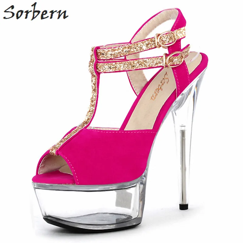 Sorbern 15Cm Colorful T Strap Women Sandals Clear Heels Ladies Shoes