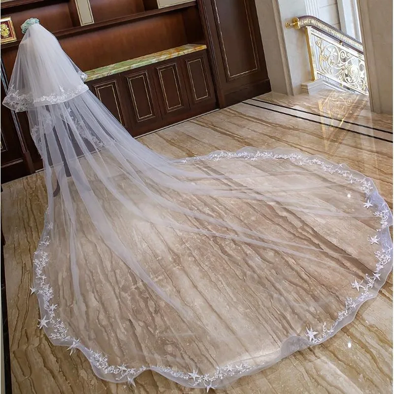 New Long Bridal Veil Women 3 M Cathedral Length Wedding Veil Delicate Tulle Appliqued Bride Veil Bride Accessories