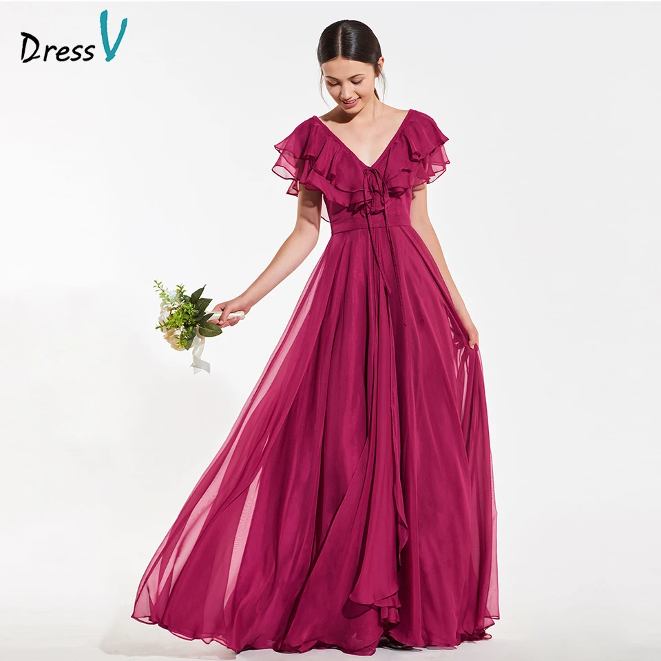 

Dressv elegant burgundy a line bridesmaid dress sleeveless ruffles wedding party women floor length bridesmaid dress