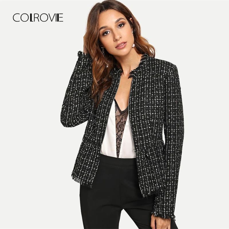 COLROVIE Black Solid Zip Up Elegant Tweed Peplum Plaid Basic Jacket Women 2018 Autumn Female Coats Women Office Lady Outwear COLROVIE Black Solid Zip Up Elegant Tweed Peplum Plaid Basic Jacket Women 2018 Autumn Female Coats Women Office Lady Outwear