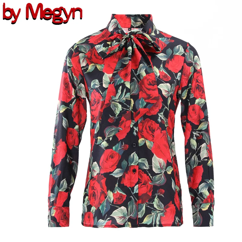 women blouse 2019 office bow tie blouse red rose  blouse ladies women's elegant tops women blouse with bow flower print  XXXL