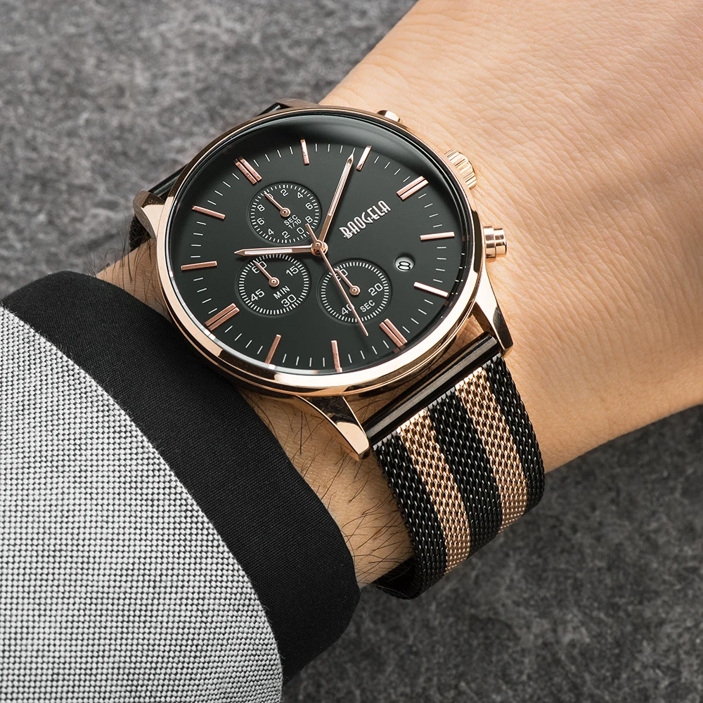 

BAOGELA Chronograph Men's Quartz-Watch Stainless Steel Mesh Band Gold Slim Men Watches Multi-Function Sports