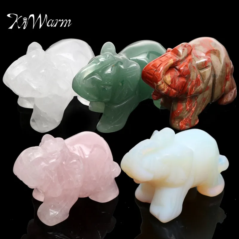 

KiWarm Hot Sale Natural Hand Carved Elephant Gemstone Animal Figurine Crystal Stone Crafts Ornaments for Home Desktop Decor Gift