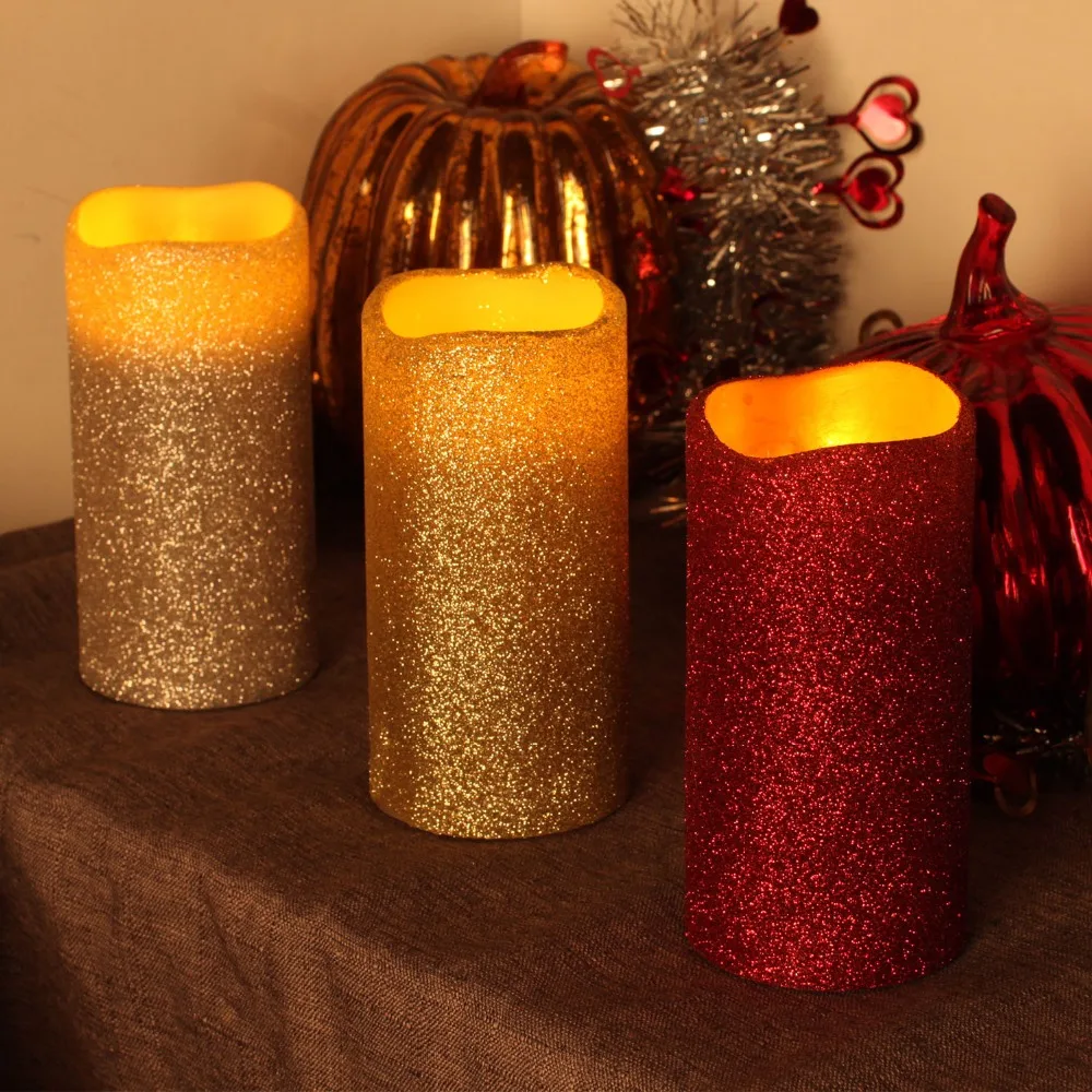 

GiveU Led Pillar Candles Flameless Warm light Real Wax with Timer ,for Wedding and Christmas Decoration,Red Golden Silver