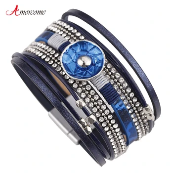 

Amorcome Blue Round Rhinestone Leather Bracelets For Women Magnet Clasp Crystal Charm Wide MultiLayer Bracelet Female Jewelry