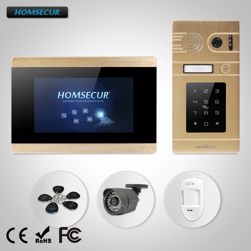 HOMSECUR 7 "Проводной Видео и Аудио Смарт-дверной Звонок + Золотая Камера для Дома Безопасности  BC071-G + BM715-G