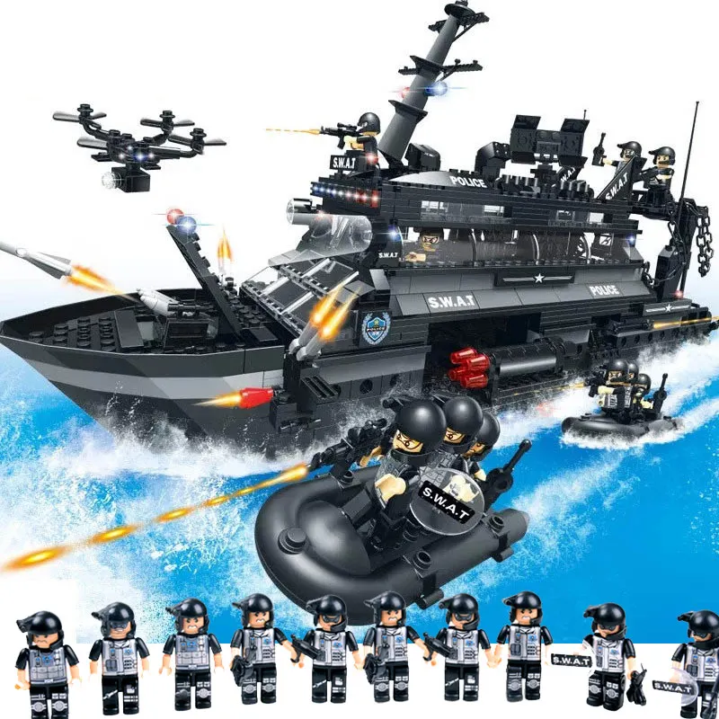 

Military Series Police Building Blocks Kids Assembling Urban Weapons Aircraft Car Boat Dolls Boy Toy Compatible Legoe