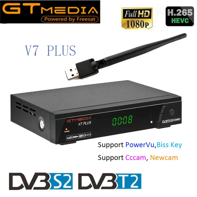 GTMedia V7 плюс DVB-S2/T2 Спутниковое ТВ-приемник Поддержка Cccam H.265 biss ключ декодер HEVC PowerVu Комплект Топ полный Цифровое ТВ высокой четкости коробка