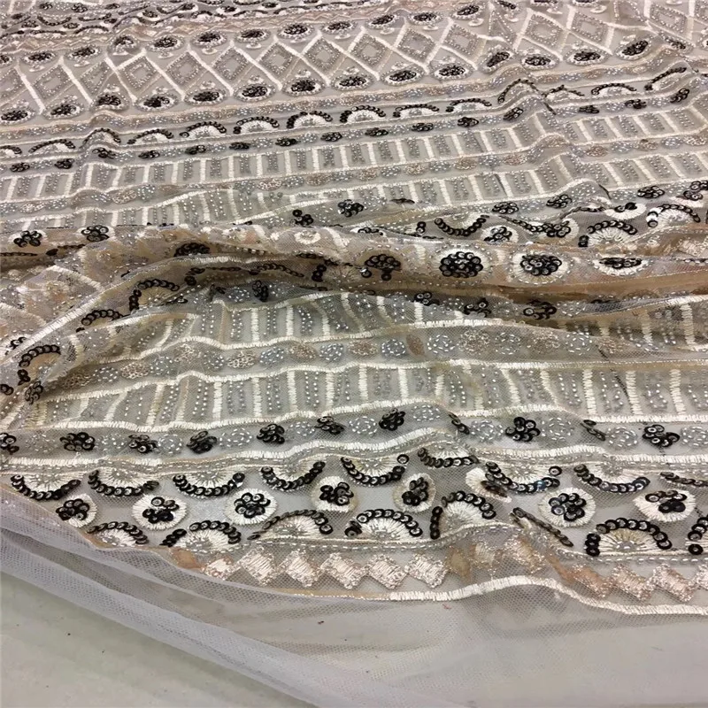 

HFX Embroidery Handmade Beaded Nigeria Embroidery Sequin Black/Gold French Lace Fabrics 2018 African Tulle Lace Fabric X1098-1