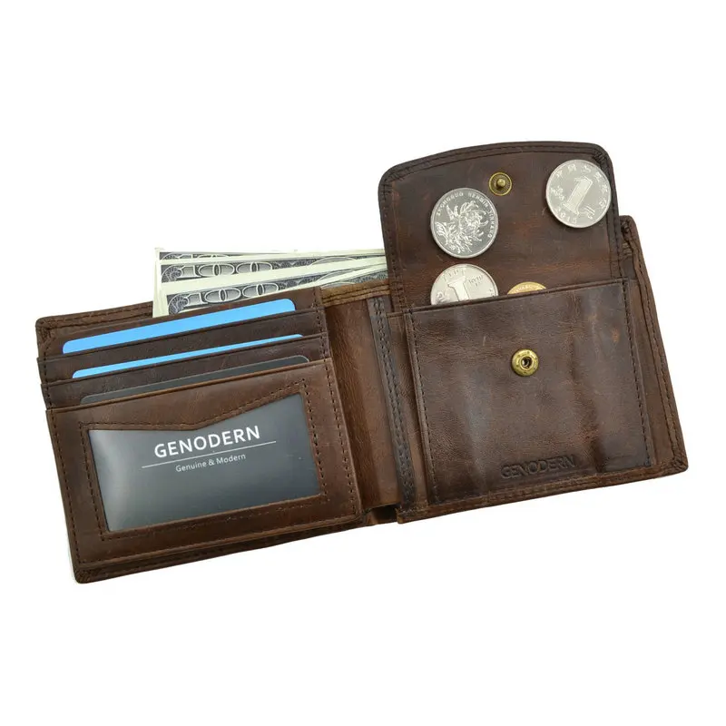 GENODERN Cow Leather Men Wallets with Coin Pocket Vintage Male Purse Function Brown Genuine Leather Men Wallet with Card Holders